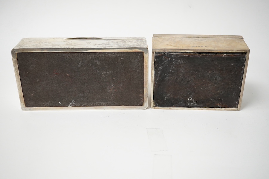 A George VI silver mounted rectangular cigarette box, with engraved Royal Engineers crest, London, 1940, 17.2cm and one other smaller late Victorian silver mounted cigarette box, Birmingham, 1896. Condition - poor to fai